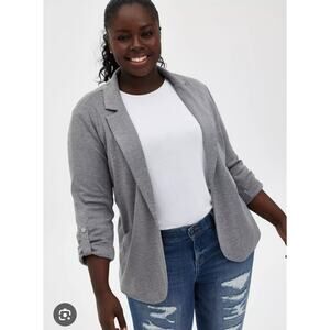 Torrid 5 Women 5x Plus Size Gray Knit Jersey Roll Tab Sleeve Flowy Blazer Jacket